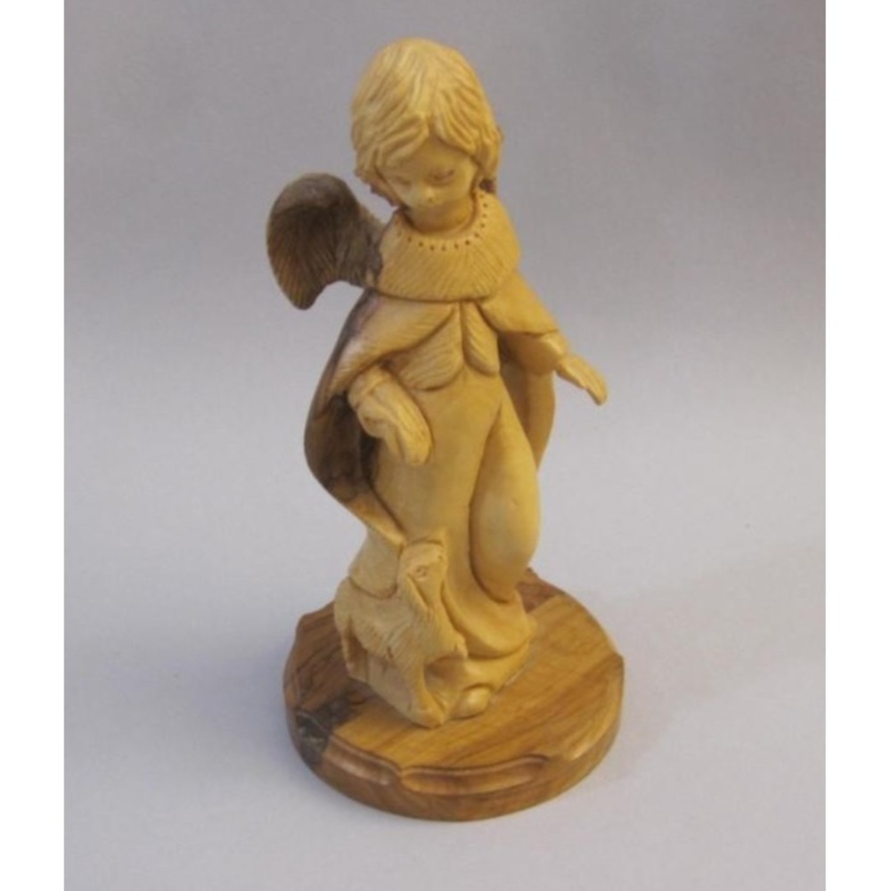 RIMON Bethlehem Hand Carved Olive Wood Nativity Angel with Lamb 7.5" Holy Land
